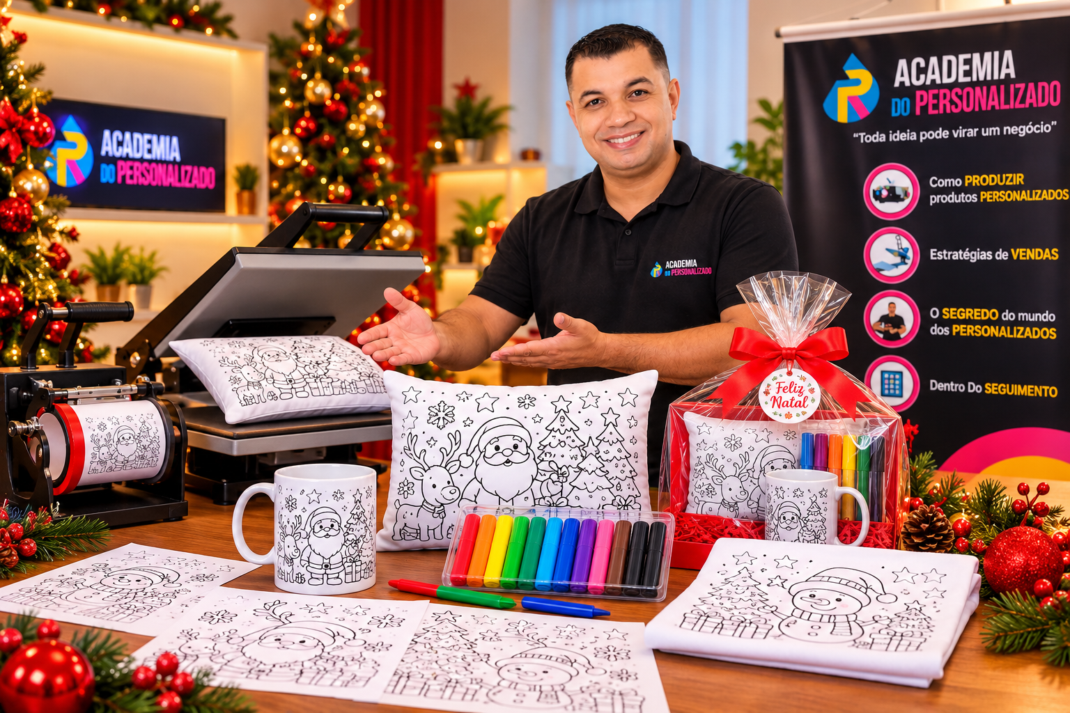 Professor apresentando canecas, almofadas e kits natalinos para colorir em um ambiente de produção por sublimação